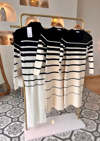 Kadın Çizgili Uzun Kollu Triko Elbise - Görsel 4