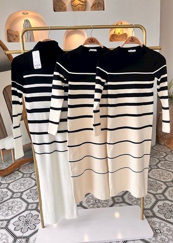 Kadın Çizgili Uzun Kollu Triko Elbise - Görsel 3