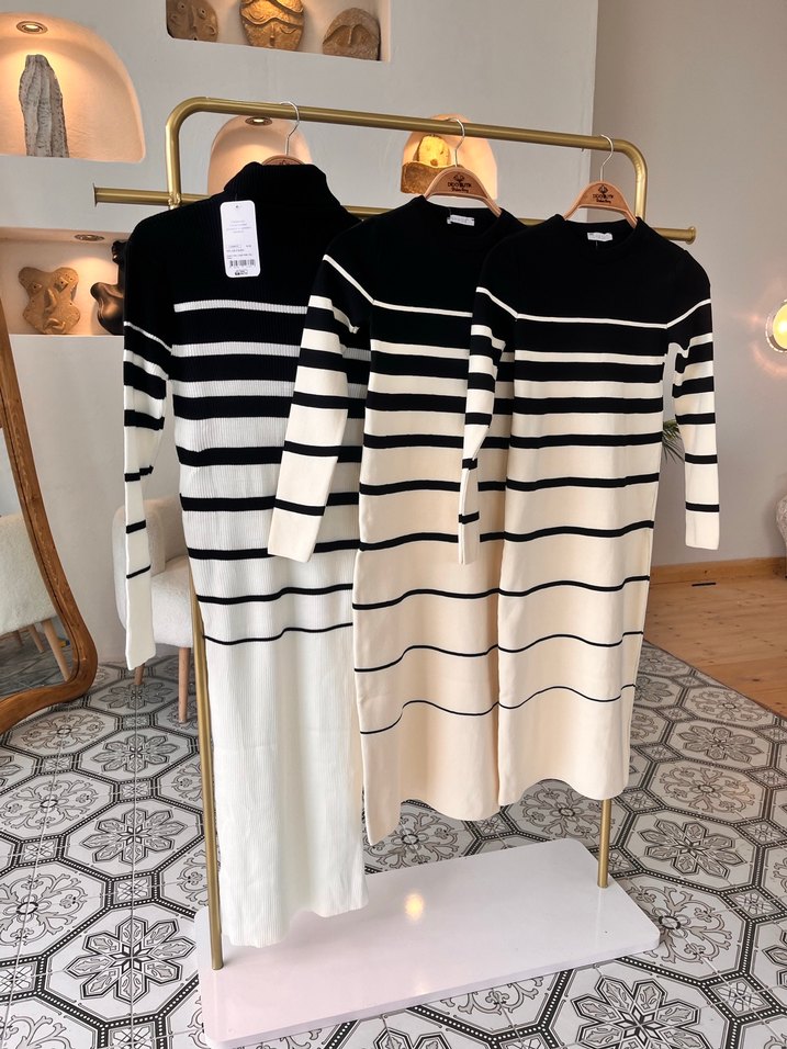 Kadın Çizgili Uzun Kollu Triko Elbise - Görsel 4