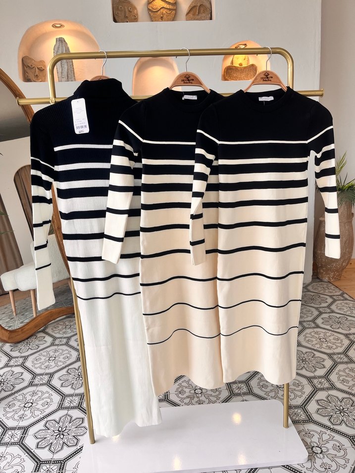 Kadın Çizgili Uzun Kollu Triko Elbise - Görsel 3