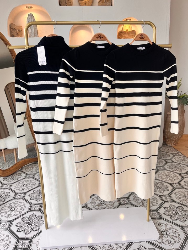 Kadın Çizgili Uzun Kollu Triko Elbise - Görsel 2