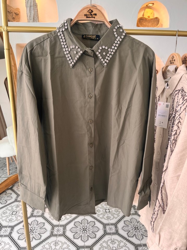 İnci Detaylı Bej Kadın Gömlek - Görsel 2