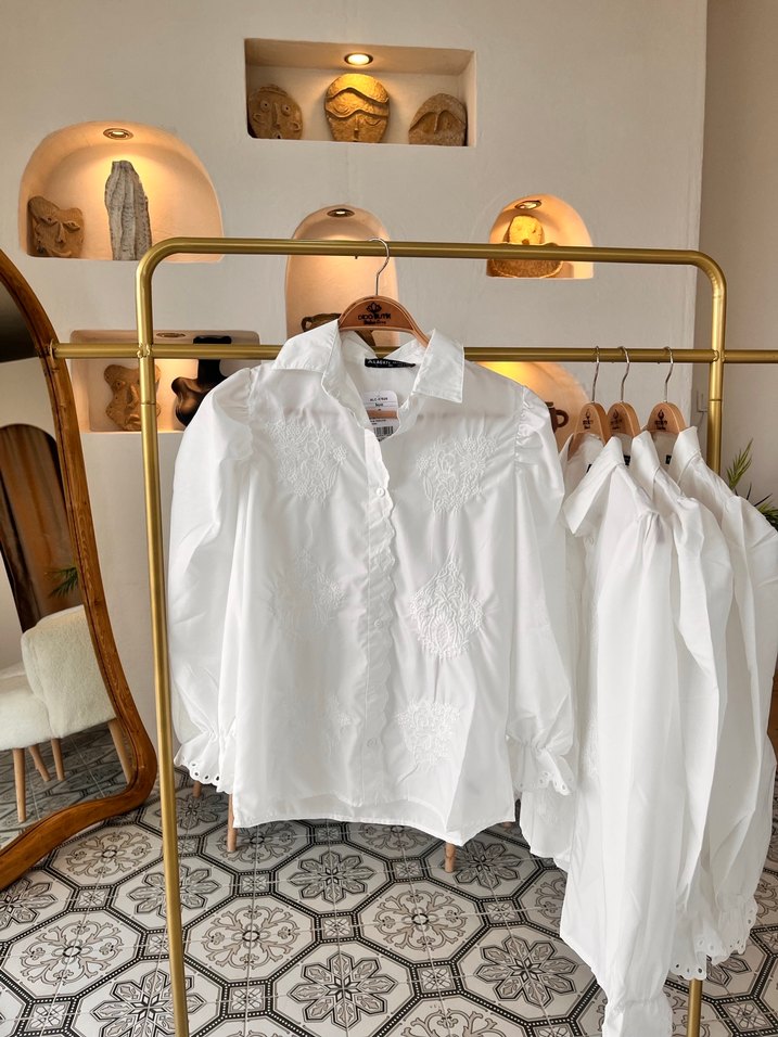Bohem Beyaz Nakışlı Uzun Kollu Gömlek - Görsel 3