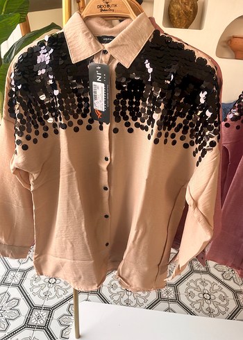 Payet İşlemeli Pembe Uzun Kollu Kadın Gömlek - Görsel 6