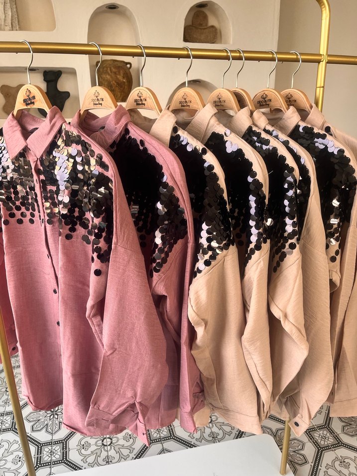 Payet İşlemeli Pembe Uzun Kollu Kadın Gömlek - Görsel 2