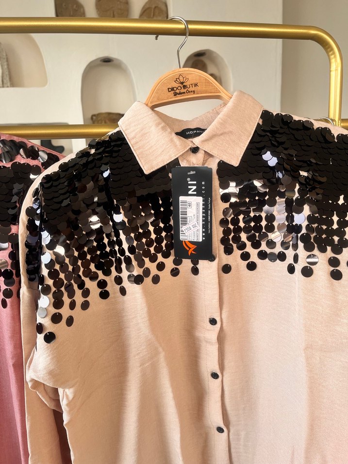 Payet İşlemeli Pembe Uzun Kollu Kadın Gömlek - Görsel 3