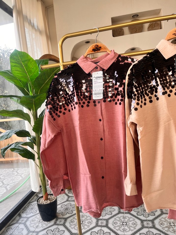 Payet İşlemeli Pembe Uzun Kollu Kadın Gömlek - Görsel 5