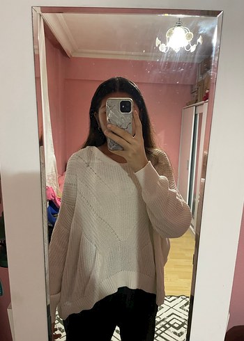 Kadın Beyaz Oversize Triko Kazak - Görsel 3