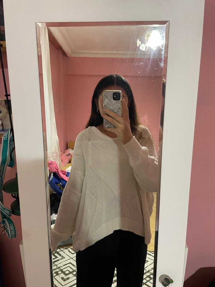 Kadın Beyaz Oversize Triko Kazak - Görsel 2