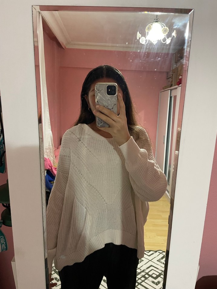 Kadın Beyaz Oversize Triko Kazak - Görsel 3