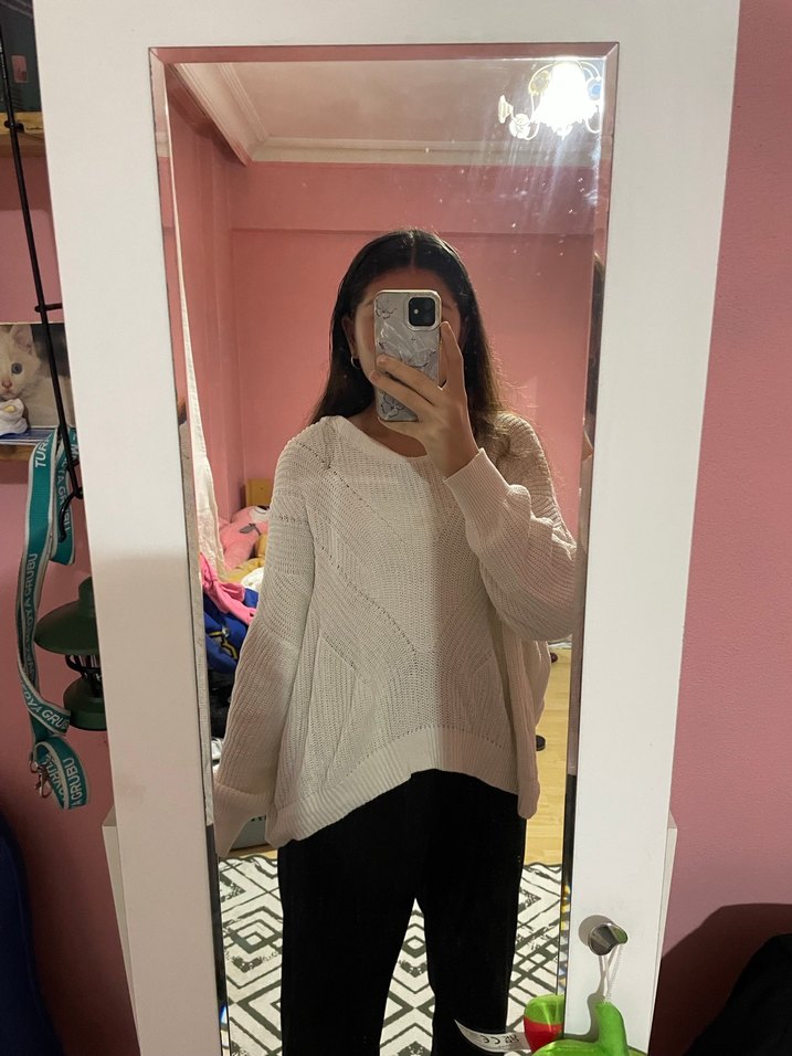 Kadın Beyaz Oversize Triko Kazak - Görsel 5