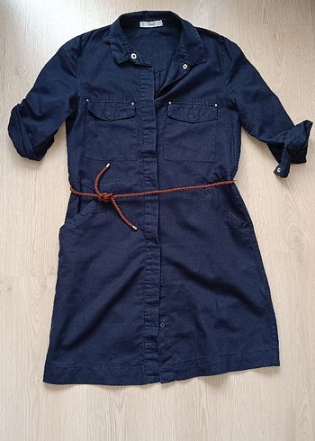 Mango Kadın Lacivert Denim Kemerli Günlük Elbise