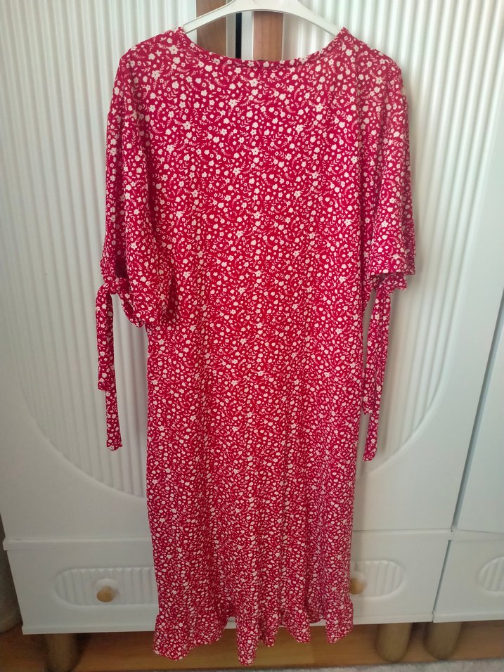 Kırmızı ve siyah V Yaka Bohem Elbise - Görsel 2