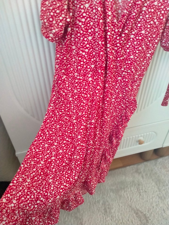 Kırmızı ve siyah V Yaka Bohem Elbise - Görsel 3