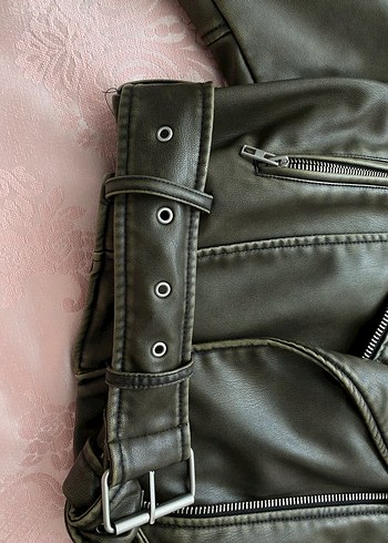 xs Beden Kadın Haki Deri Biker Ceket