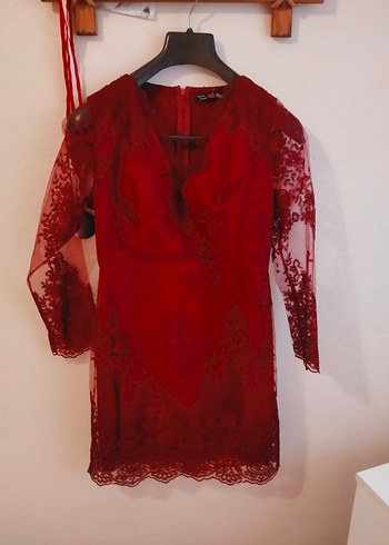 vişne Dantel İşlemeli Midi Abiye Elbise defolu - Görsel 2