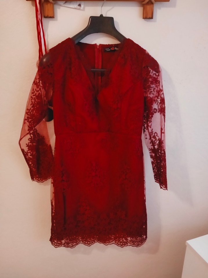 vişne Dantel İşlemeli Midi Abiye Elbise defolu - Görsel 2