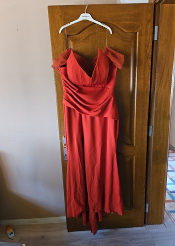 Diğer Kırmızı V Yaka Drapeli Midi Abiye Elbise