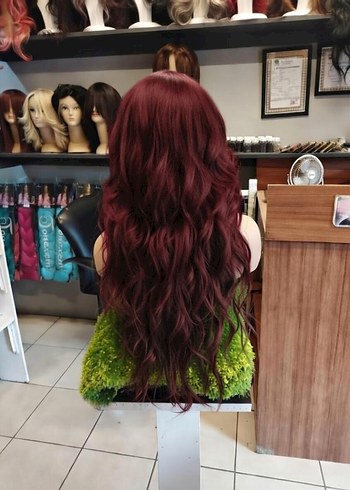 80 cm 350 gram koyu kızıl tül peruk - Görsel 3