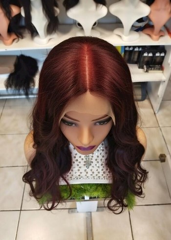 80 cm 350 gram koyu kızıl tül peruk - Görsel 4