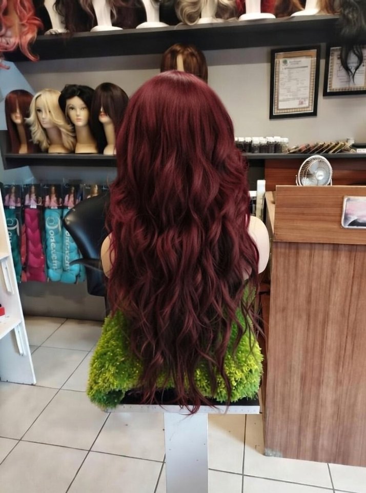 80 cm 350 gram koyu kızıl tül peruk - Görsel 3
