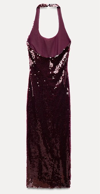 s Beden bordo Renk PAYETLİ HALTER YAKA ELBİSE