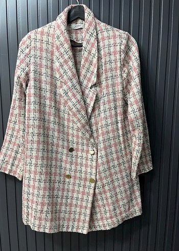 Pembe Beyaz Ekoseli Twit Blazer Ceket - Görsel 2