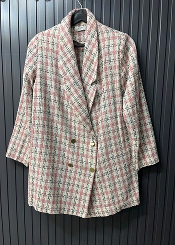 Pembe Beyaz Ekoseli Twit Blazer Ceket - Görsel 3