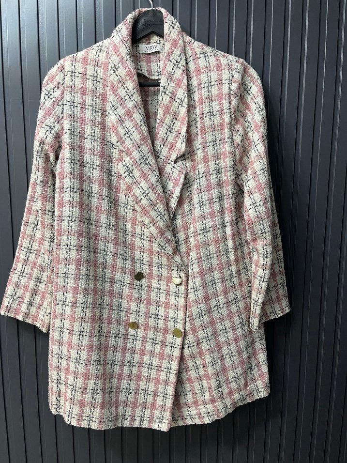 Pembe Beyaz Ekoseli Twit Blazer Ceket - Görsel 2
