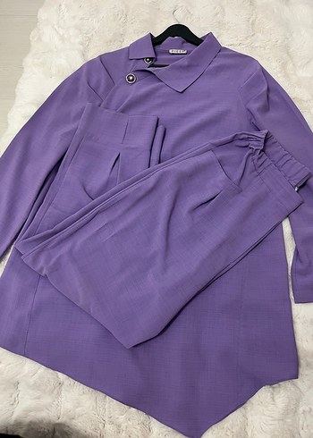 Düğmeli Mor Uzun Kollu Kadın Tunik Takım - Görsel 2