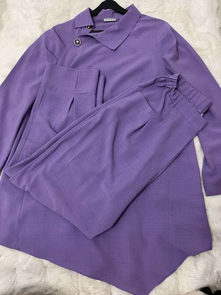 Düğmeli Mor Uzun Kollu Kadın Tunik Takım - Görsel 4