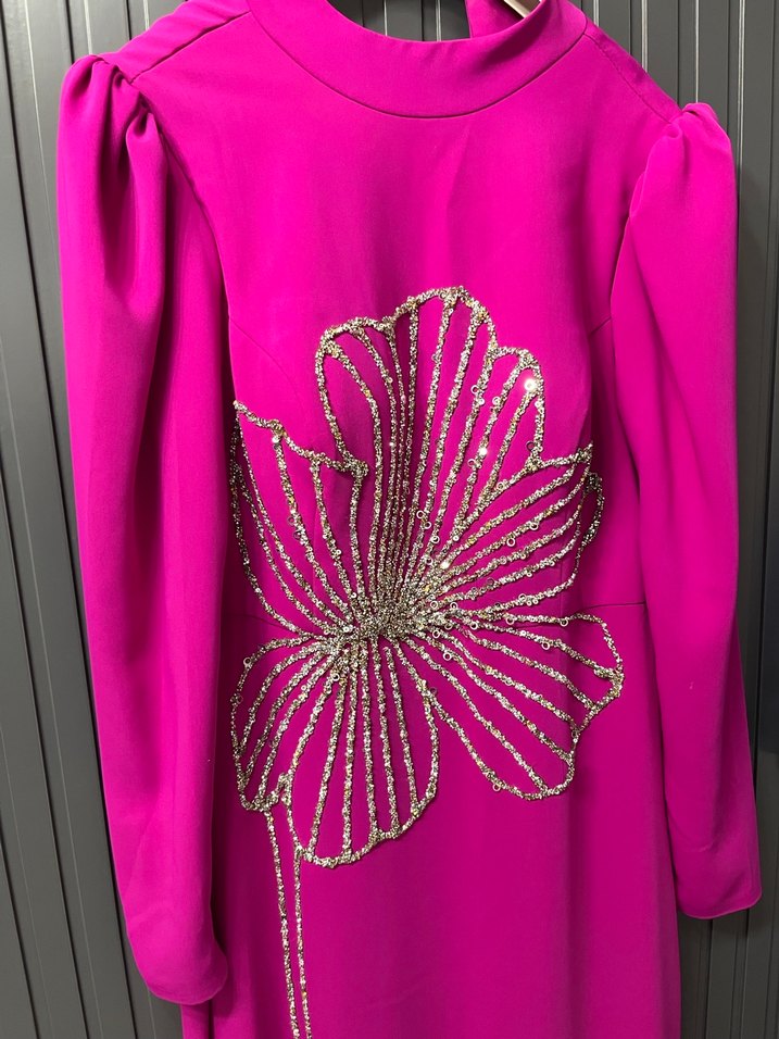 Pembe Payetli Nakışlı Uzun Abiye Elbise - Görsel 3