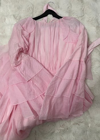 Pembe Uzun Drapeli Kadın Elbise - Görsel 2