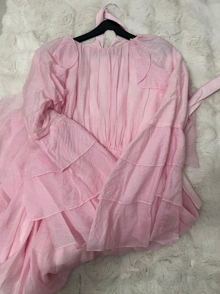 Pembe Uzun Drapeli Kadın Elbise - Görsel 2