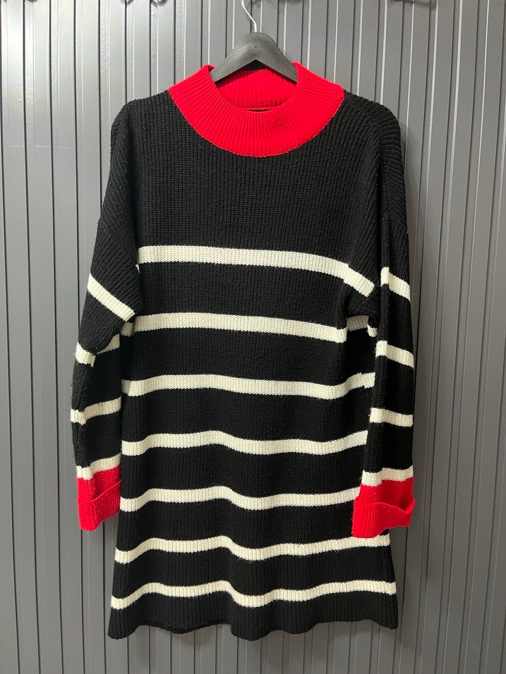 Uzun Kollu Çizgili Triko Kadın Kazak - Görsel 3