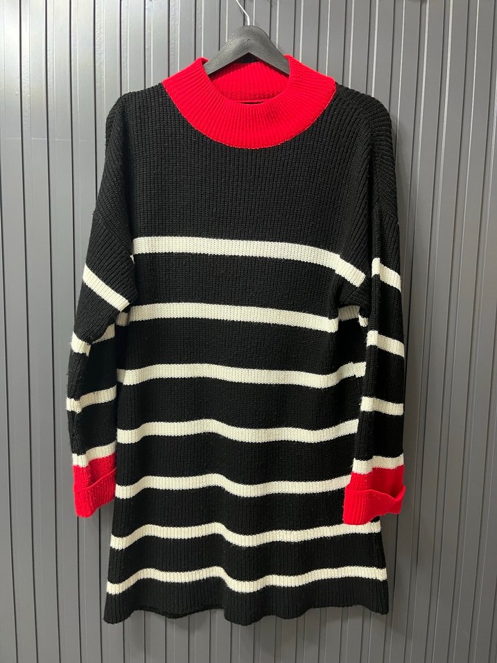 Uzun Kollu Çizgili Triko Kadın Kazak - Görsel 2