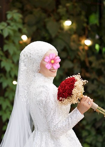 Uzun Kollu Yüksek Yakalı Ağ Kesim Gelinlik - Görsel 2