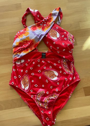 Diğer Çapraz Askılı Bohem Batik Desenli Mayo kırmızı