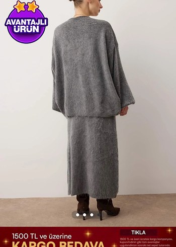 Trendyol milla Gri V Yakalı Uzun Triko Kadın Elbise - Görsel 2