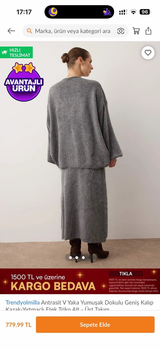 Trendyol milla Gri V Yakalı Uzun Triko Kadın Elbise - Görsel 2