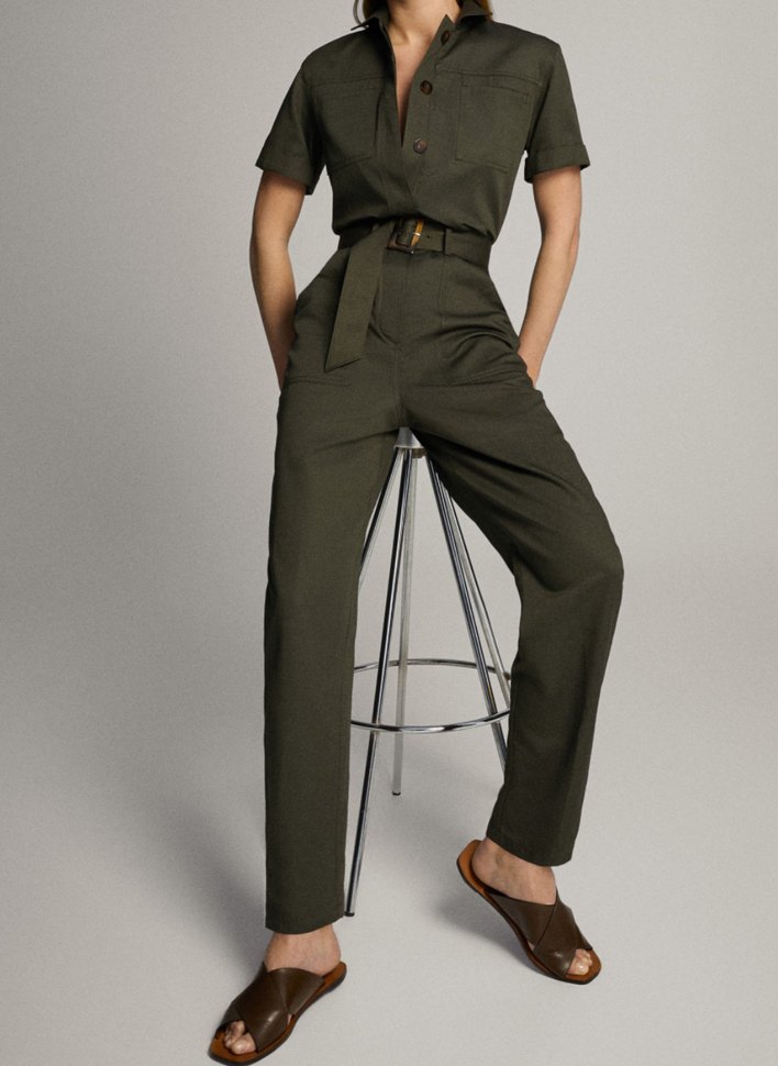 Massimo Dutti Haki Kemerli Uzun Kollu Tulum - Görsel 2