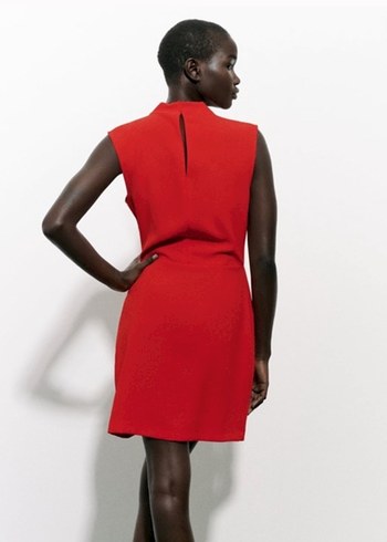 Kolsuz Drapeli Kırmızı Midi Elbise - Görsel 5
