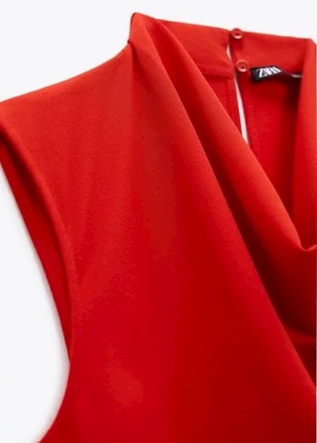 Kolsuz Drapeli Kırmızı Midi Elbise - Görsel 3