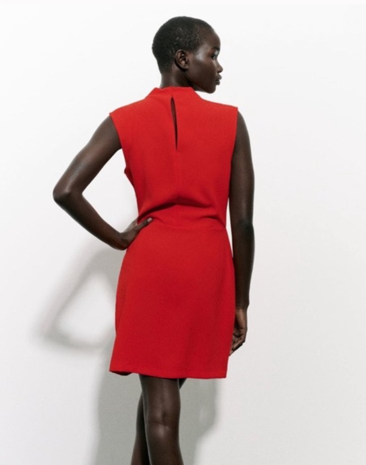 Kolsuz Drapeli Kırmızı Midi Elbise - Görsel 5