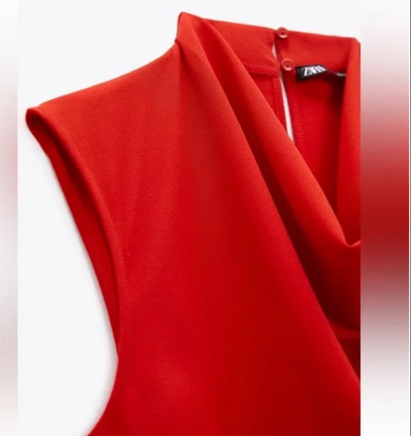 Kolsuz Drapeli Kırmızı Midi Elbise - Görsel 3