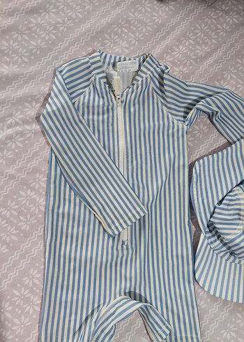 H&M Mavi Çizgili Bebek Tulum Seti upf korumalı h&m