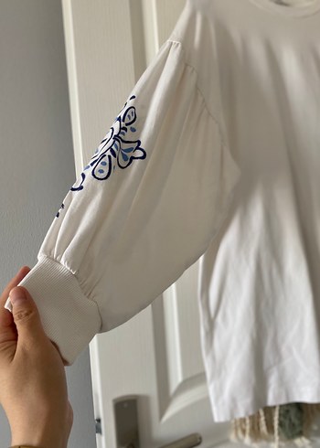 Beyaz Uzun Kollu Salaş Kadın Sweatshirt - Görsel 5