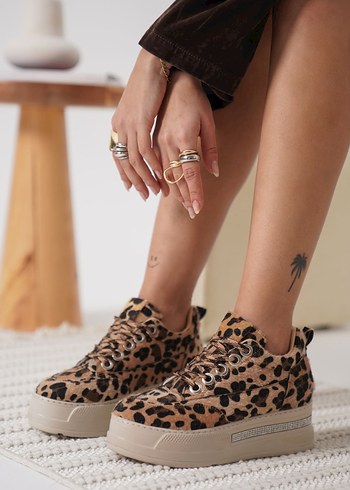 Leopar Desenli Gizli Topuk Kadın Platform Spor Ayakkabı - Görsel 3