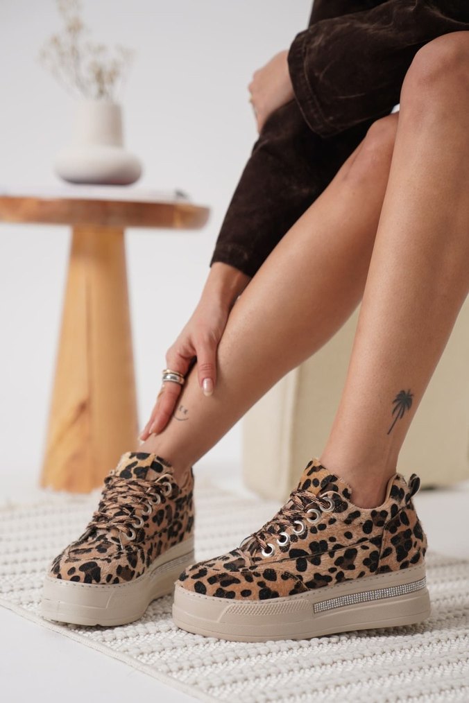 Leopar Desenli Gizli Topuk Kadın Platform Spor Ayakkabı - Görsel 5