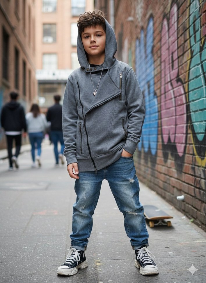 Gri Erkek Çocuk Kapüşonlu Sweatshirt - Görsel 2